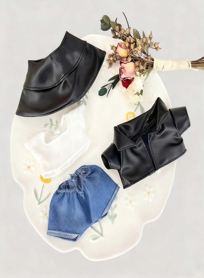 SHUOXUKE Black Leather Jacket Outfit for 17cm Dolls, Cute 4-Piece Designer Set with Straw Hat, T-Shirt & Pants, Clothes for Collectible Figures - Image 2